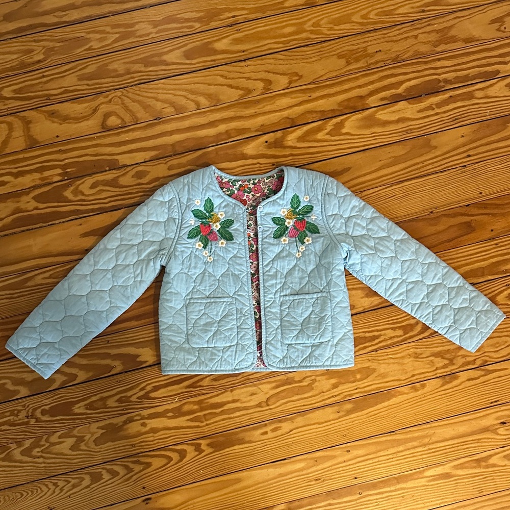 Mini Boden Light Blue Quilted Kids Jacket with Floral Embroidery- REVERSIBLE